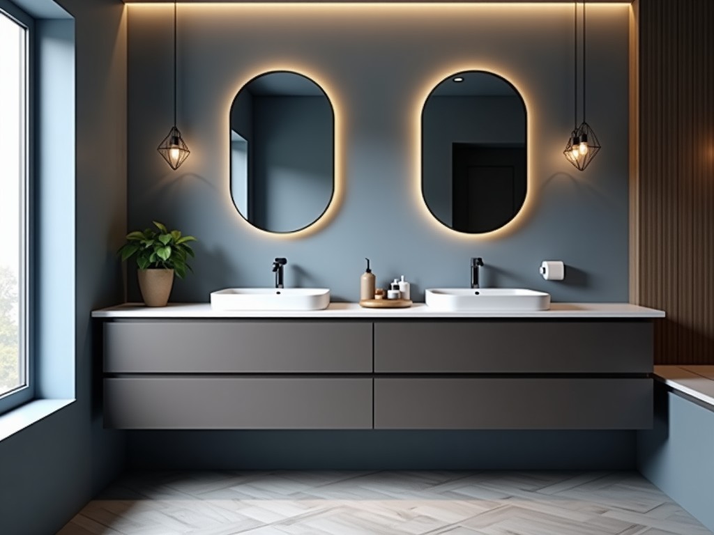 Dark Blue Brown Grey Bathroom Cabinets